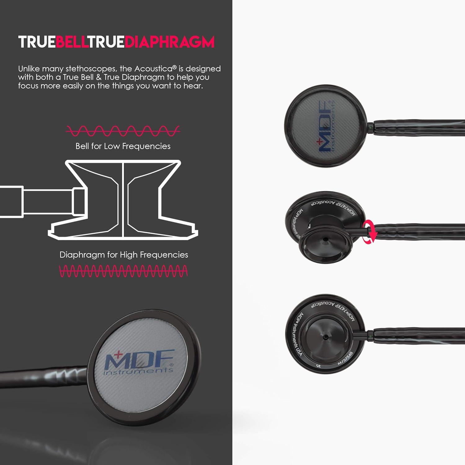 MDF Instruments, Acoustica Lightweight Stethoscope For Doctors, Nurses, Students, Home Health Use, Adult, Dual Head, Black Tube, Black Chestpiece-Headset, MDF747XPBO,