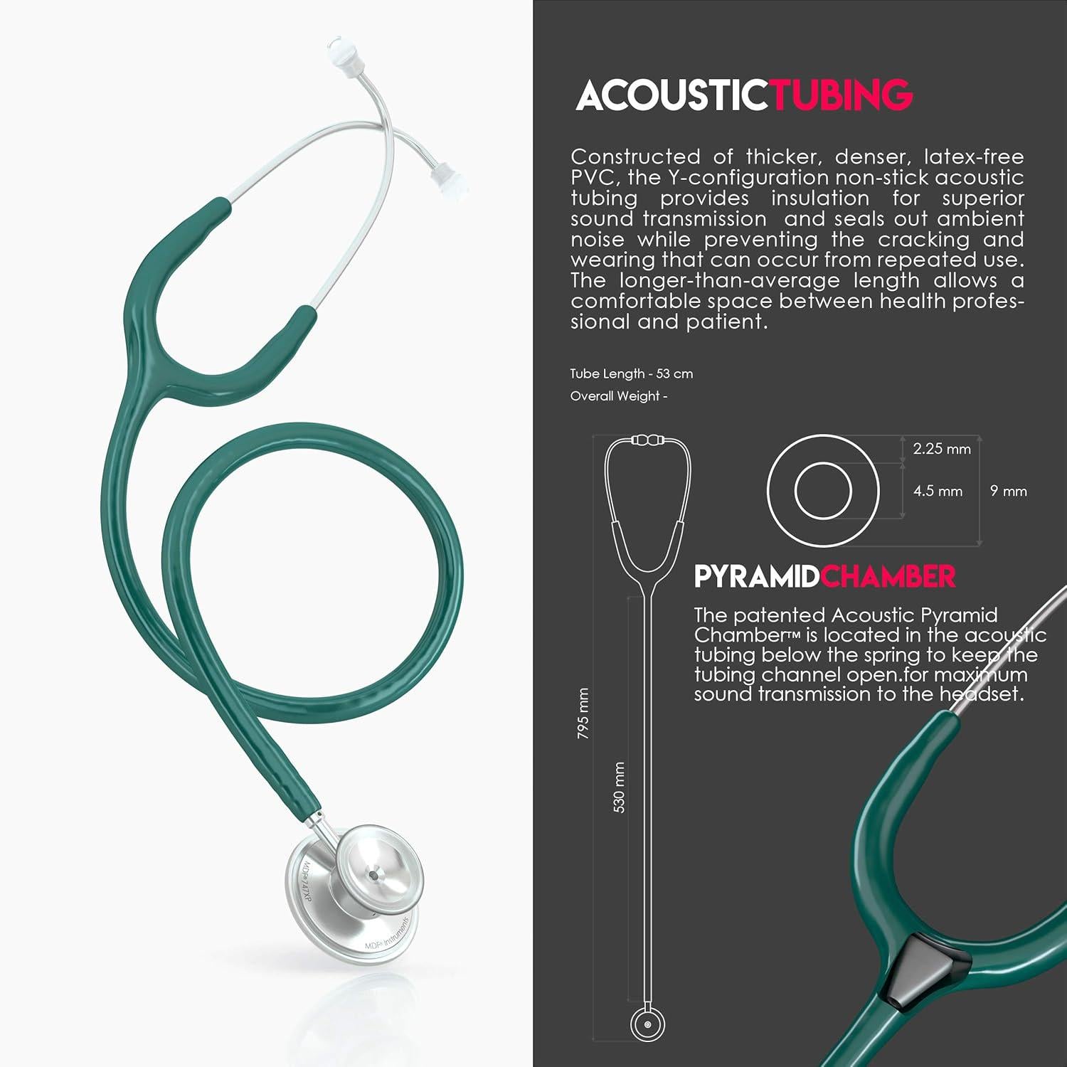 MDF Instruments, Acoustica Lightweight Stethoscope For Doctors, Nurses, Students, Home Health Use, Adult, Dual Head, Dark Green Tube, Silver Chestpiece-Headset, MDF747XP09,