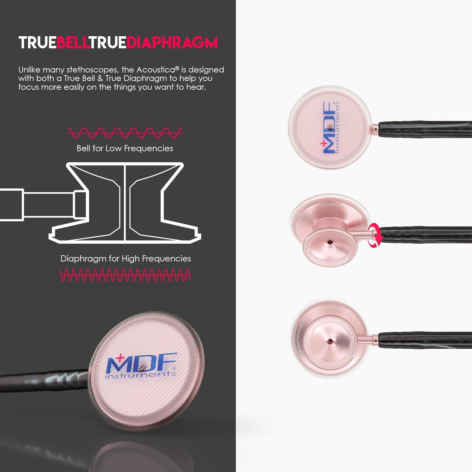 MDF Instruments, Acoustica Lightweight Stethoscope For Doctors, Nurses, Students, Home Health Use, Adult, Dual Head, Black Tube, Rosegold (Matte Finish) Chestpiece-Headset, MDF747XPRG11,