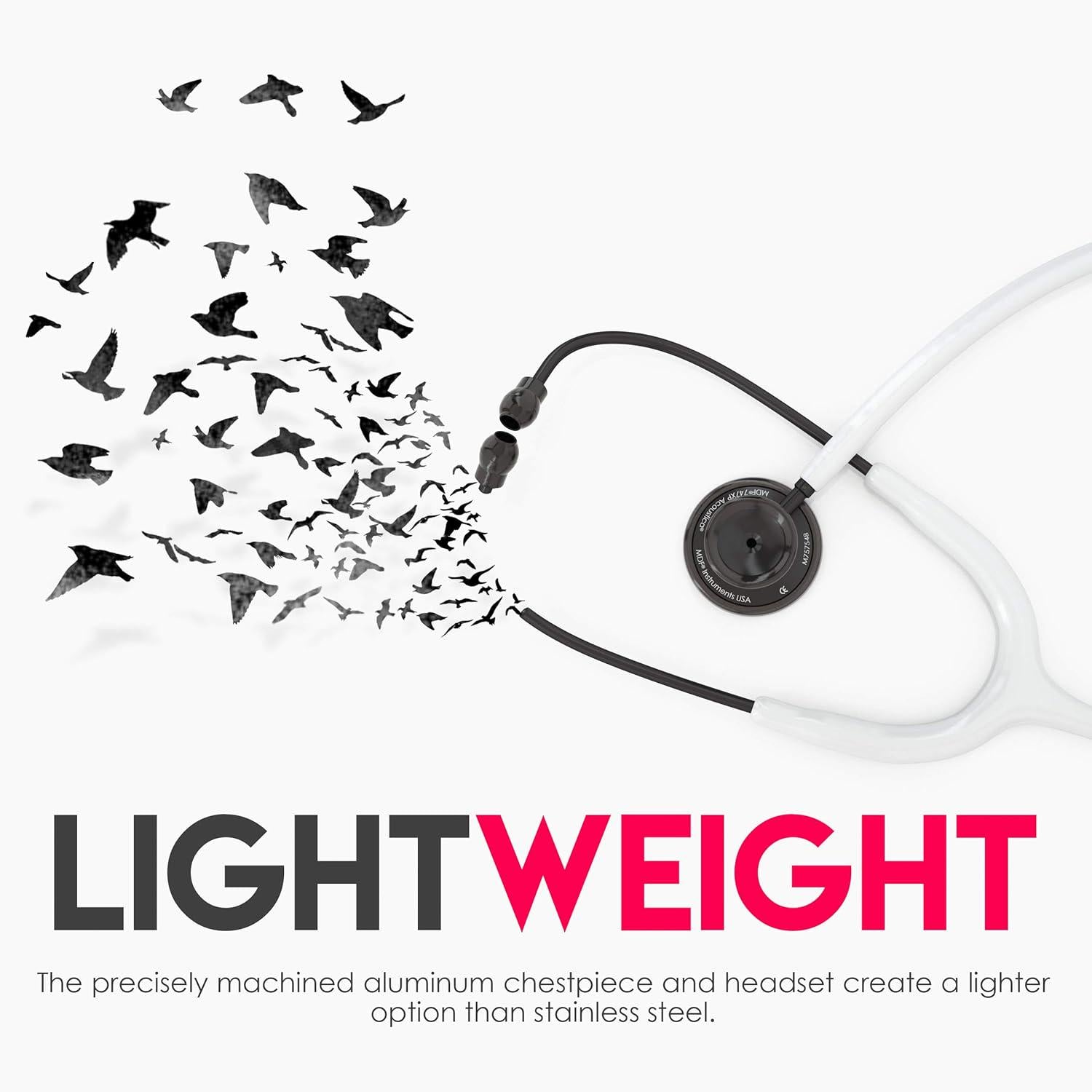 MDF Instruments, Acoustica Lightweight Stethoscope For Doctors, Nurses, Students, Home Health Use, Adult, Dual Head, White Tube, Black Chestpiece-Headset, MDF747XPBO29,