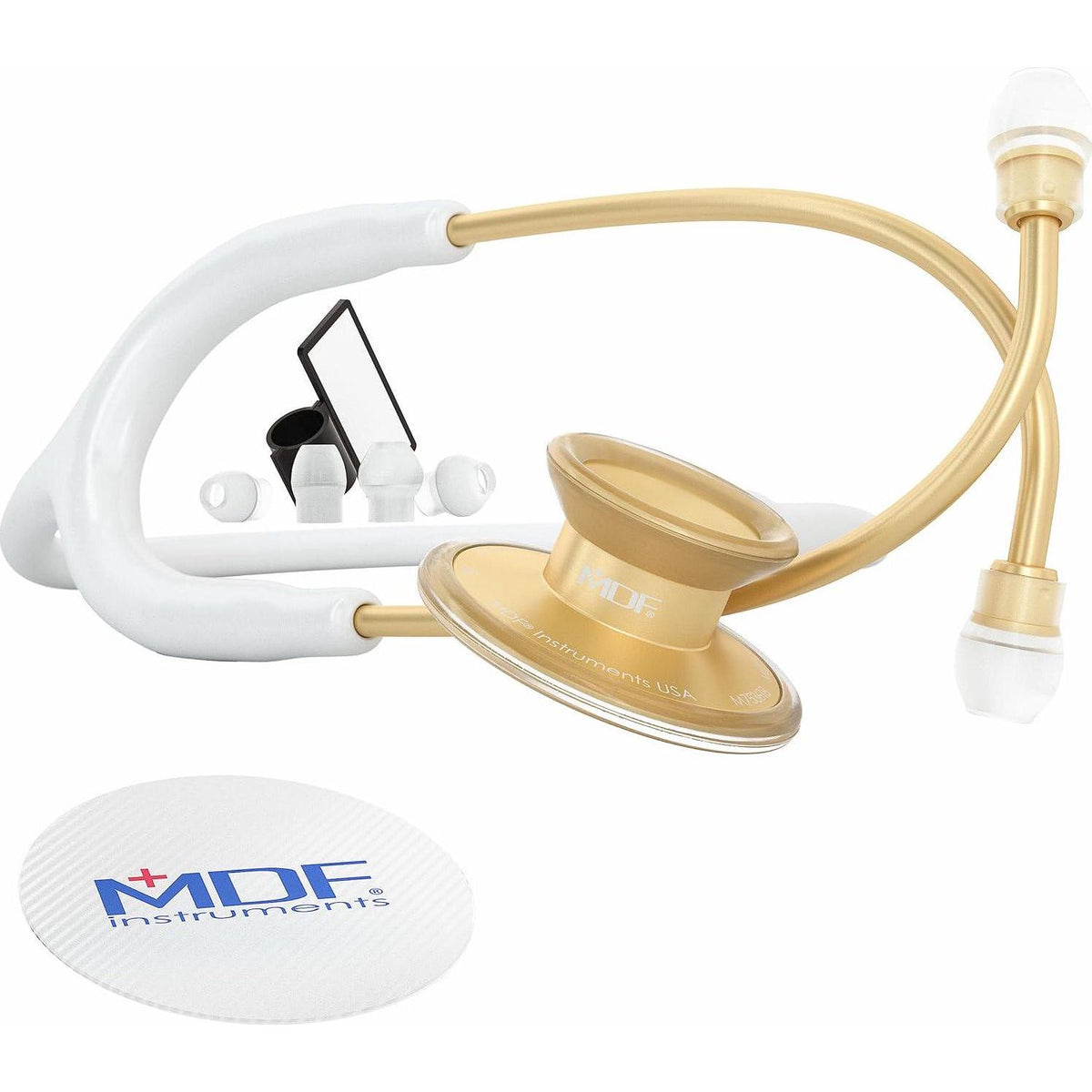 MDF Instruments, Acoustica Lightweight Stethoscope For Doctors, Nurses, Students, Home Health Use, Adult, Dual Head, White Tube, Gold Chestpiece-Headset, MDF747XPK29,