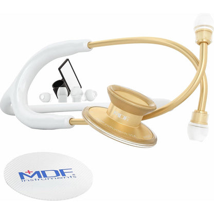 MDF Instruments, Acoustica Lightweight Stethoscope For Doctors, Nurses, Students, Home Health Use, Adult, Dual Head, White Tube, Gold Chestpiece-Headset, MDF747XPK29,