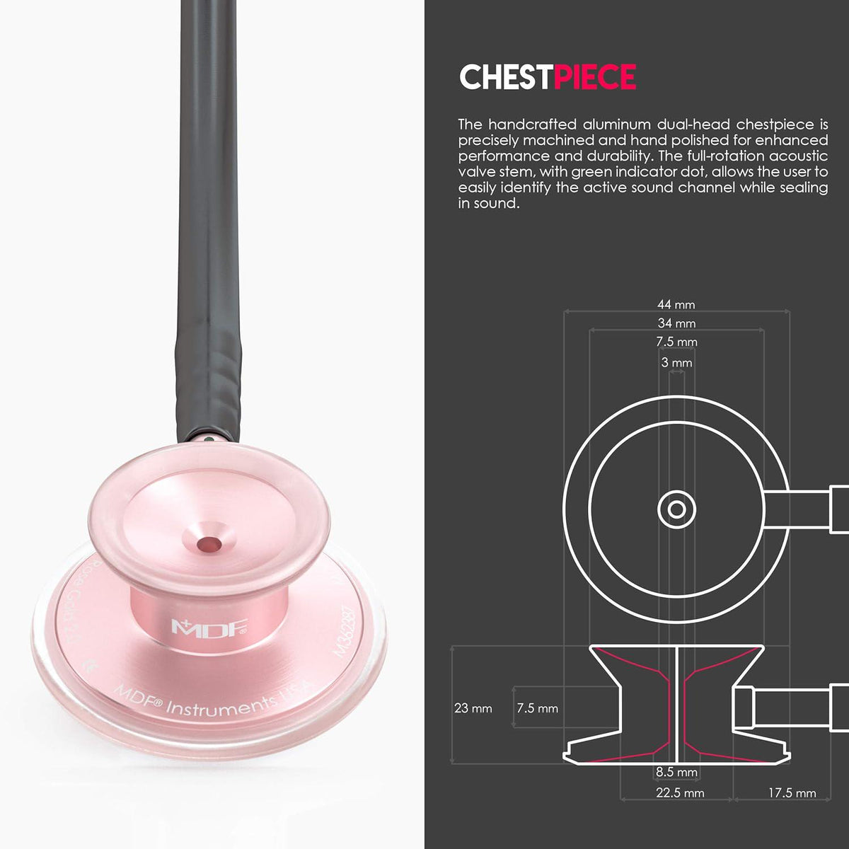 MDF Instruments, Acoustica Lightweight Stethoscope For Doctors, Nurses, Students, Home Health Use, Adult, Dual Head, Black Tube, Rosegold (Matte Finish) Chestpiece-Headset, MDF747XPRG11,