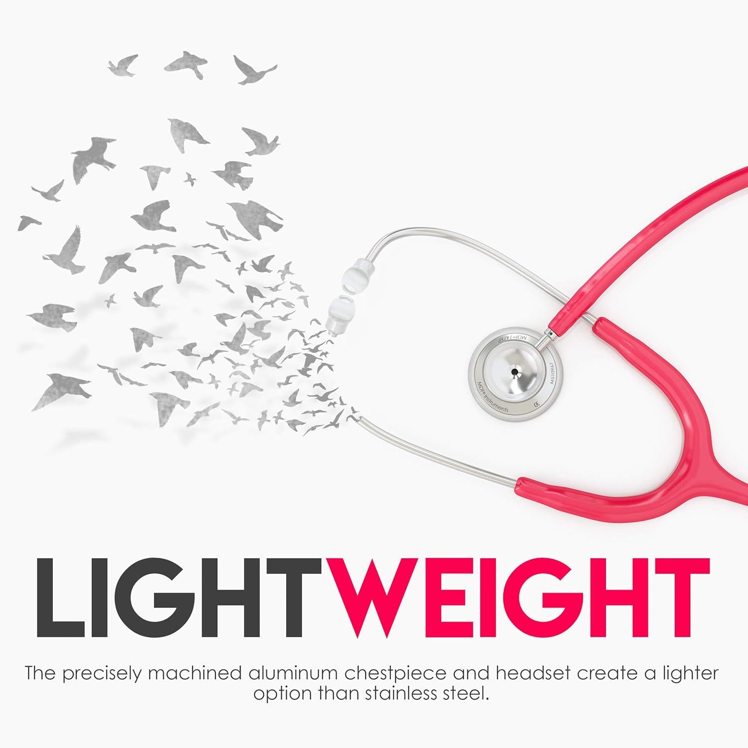 MDF Instruments, Acoustica Lightweight Stethoscope For Doctors, Nurses, Students, Home Health Use, Adult, Dual Head, Raspberry Tube, Silver Chestpiece-Headset, MDF747XP23,