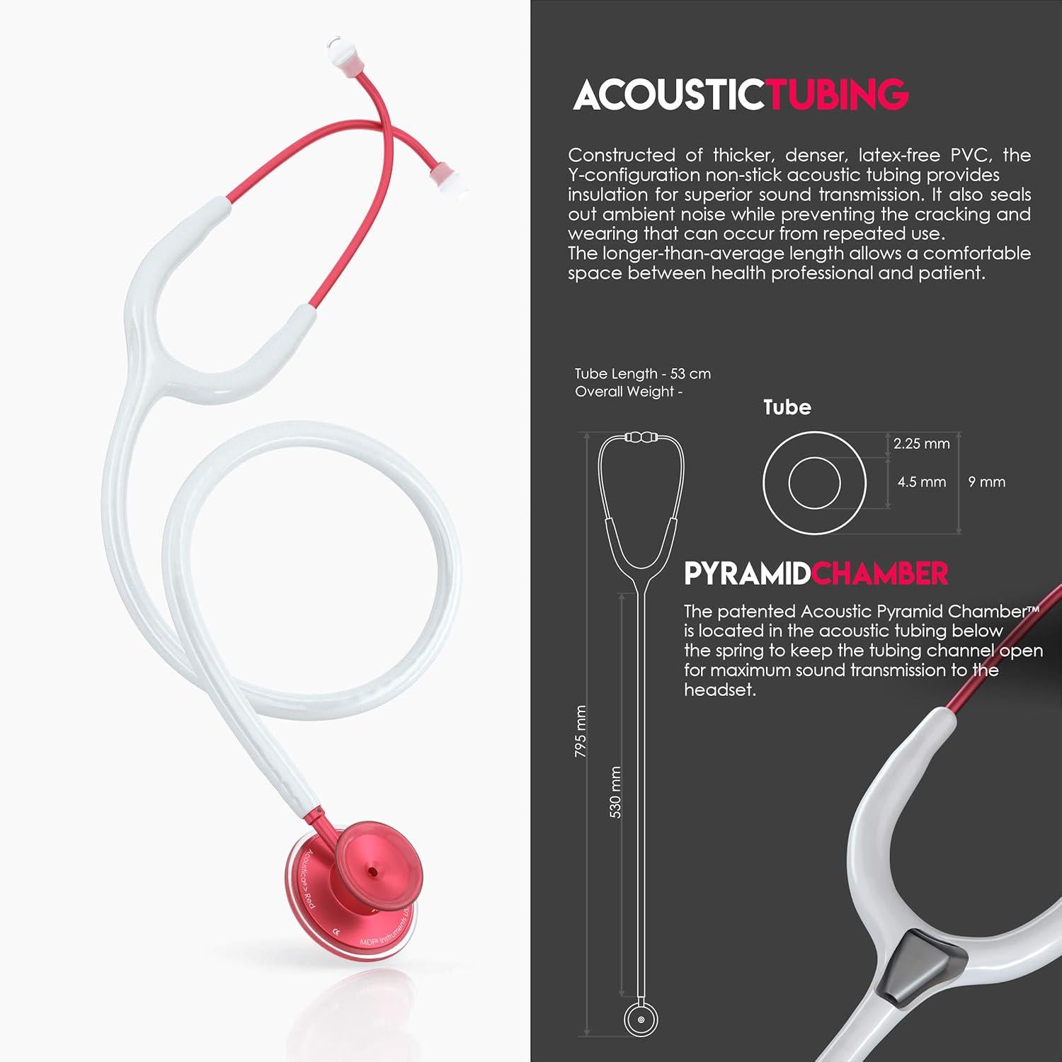 MDF Instruments, Acoustica Lightweight Stethoscope For Doctors, Nurses, Students, Home Health Use, Adult, Dual Head, White Tube, Red Chestpiece-Headset, MDF747XPR29,