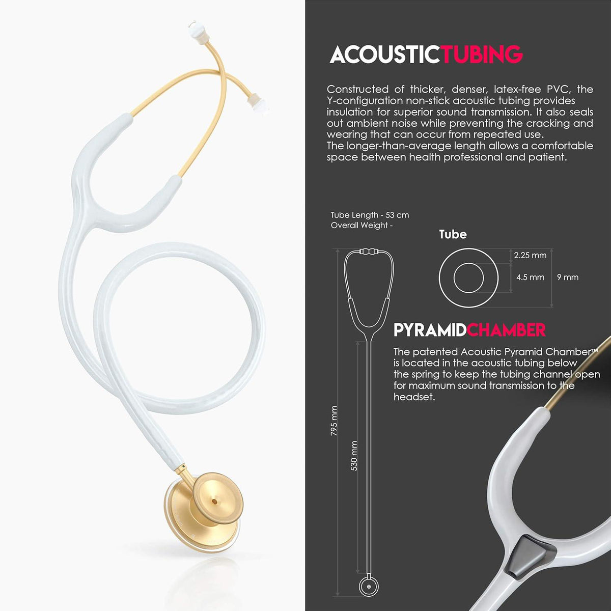 MDF Instruments, Acoustica Lightweight Stethoscope For Doctors, Nurses, Students, Home Health Use, Adult, Dual Head, White Tube, Gold Chestpiece-Headset, MDF747XPK29,