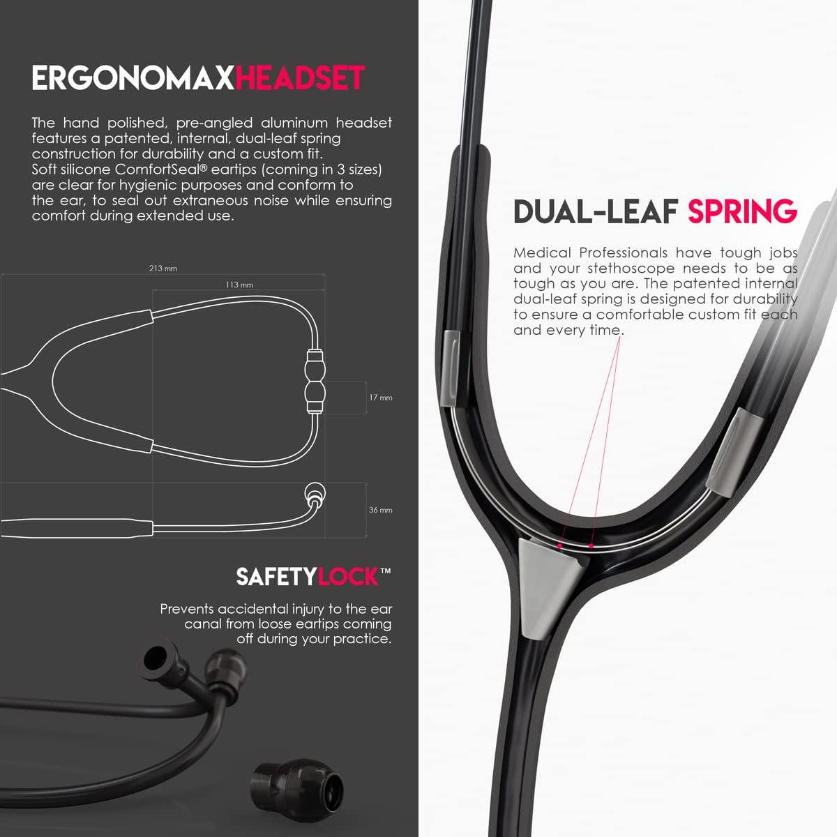 MDF Instruments, Engravable - Acoustica Lightweight Custom Stethoscope For Doctors, Nurses, Students, Home Health Use, Adult, Dual Head, Black Tube, Black Chestpiece-Headset, MDF747XPBO-ENGRAVING,