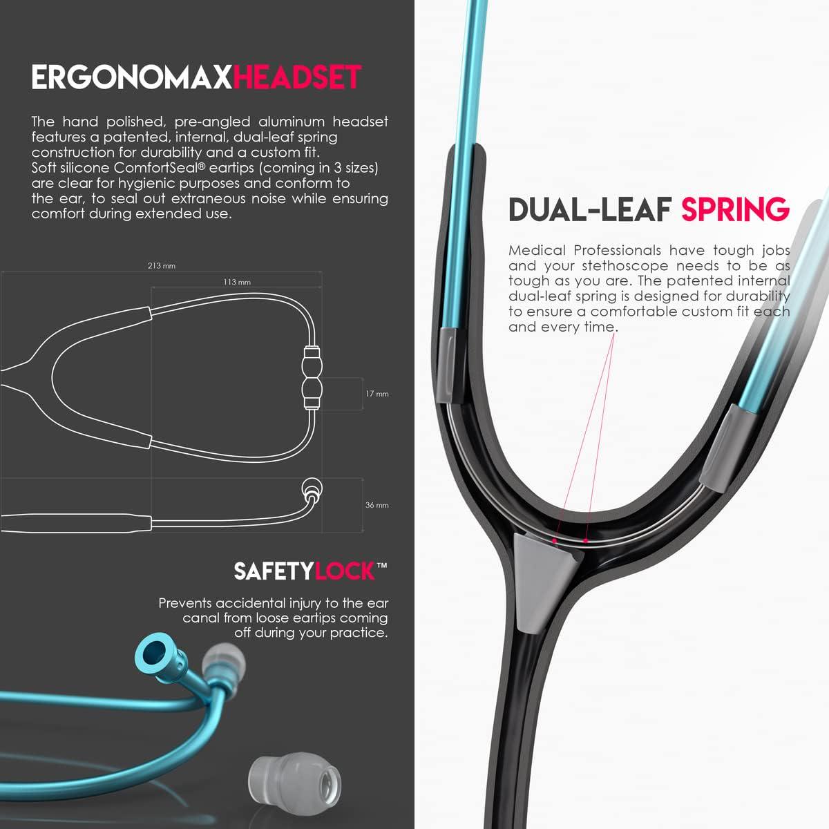 MDF Instruments Engravable - Acoustica Lightweight Custom Stethoscope For Doctors, Nurses, Students, Home Health Use, Adult, Dual Head, Black Tube, Aqua Chestpiece-Headset, MDF747XPAQ11-ENGRAVING,