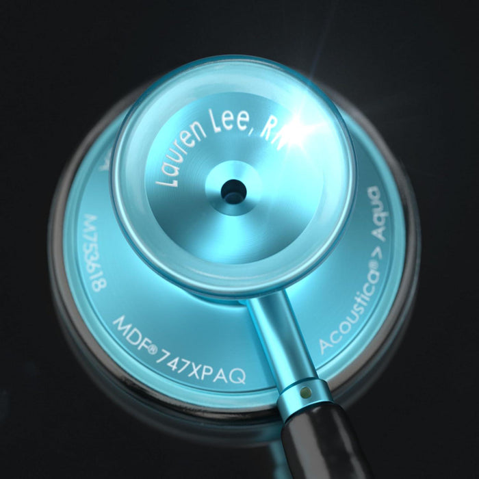 MDF Instruments Engravable Acoustica Lightweight Stethoscope, Dual Head, Black Tube, Aqua Chestpiece, for Doctors & Nurses