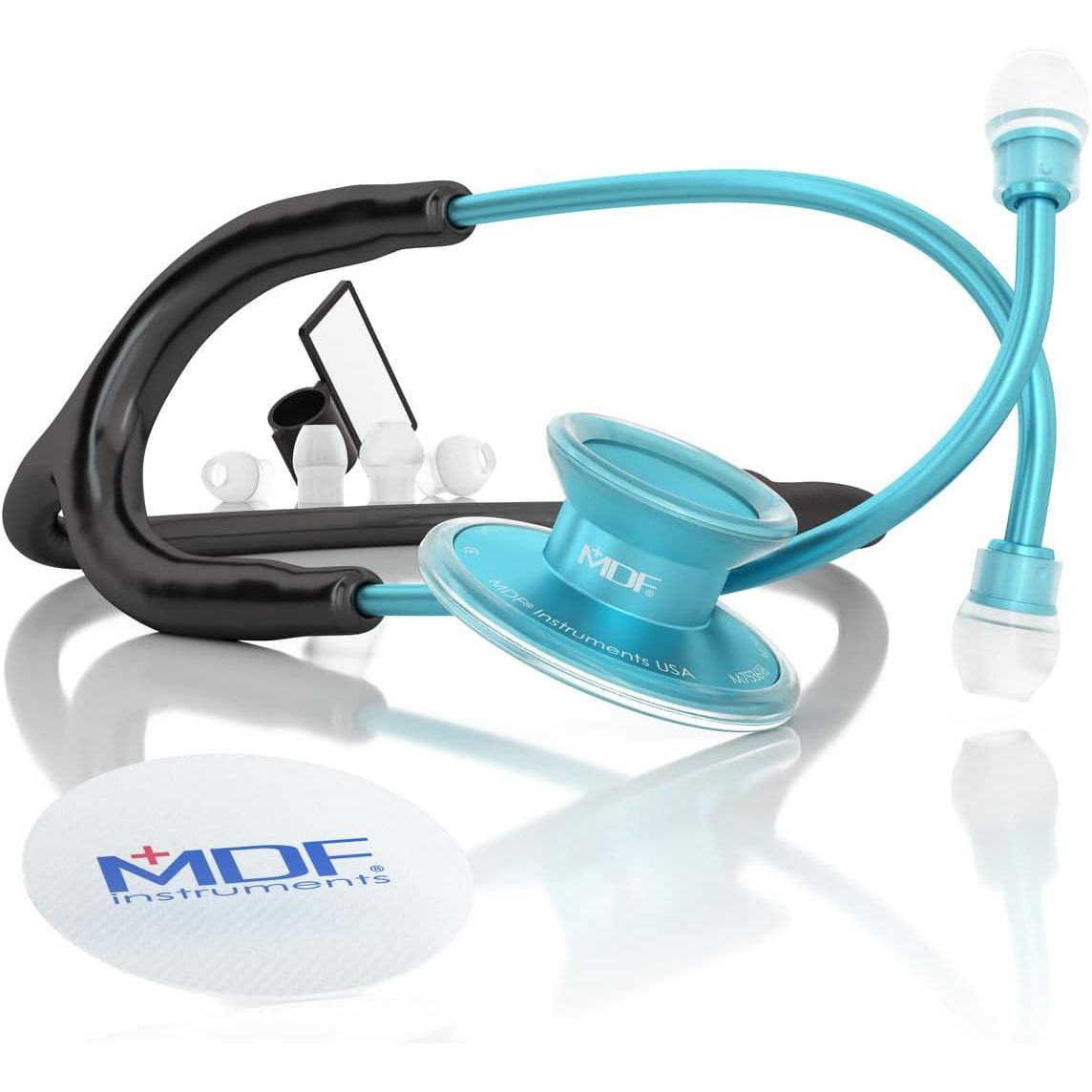 MDF Instruments Engravable - Acoustica Lightweight Custom Stethoscope For Doctors, Nurses, Students, Home Health Use, Adult, Dual Head, Black Tube, Aqua Chestpiece-Headset, MDF747XPAQ11-ENGRAVING,