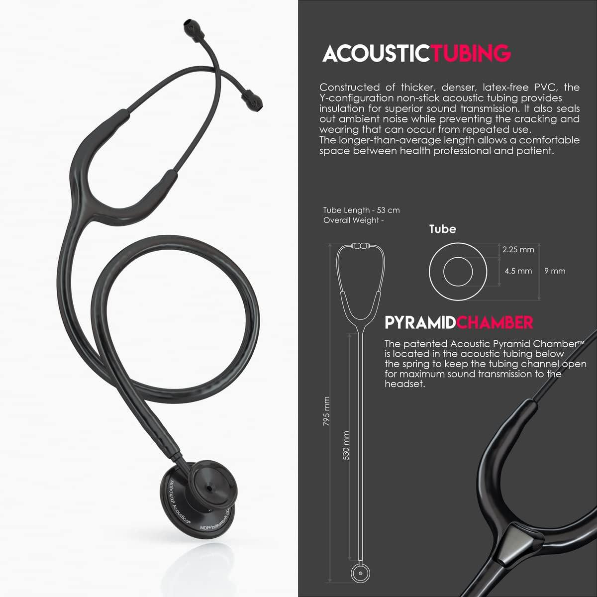 MDF Instruments, Engravable - Acoustica Lightweight Custom Stethoscope For Doctors, Nurses, Students, Home Health Use, Adult, Dual Head, Black Tube, Black Chestpiece-Headset, MDF747XPBO-ENGRAVING,