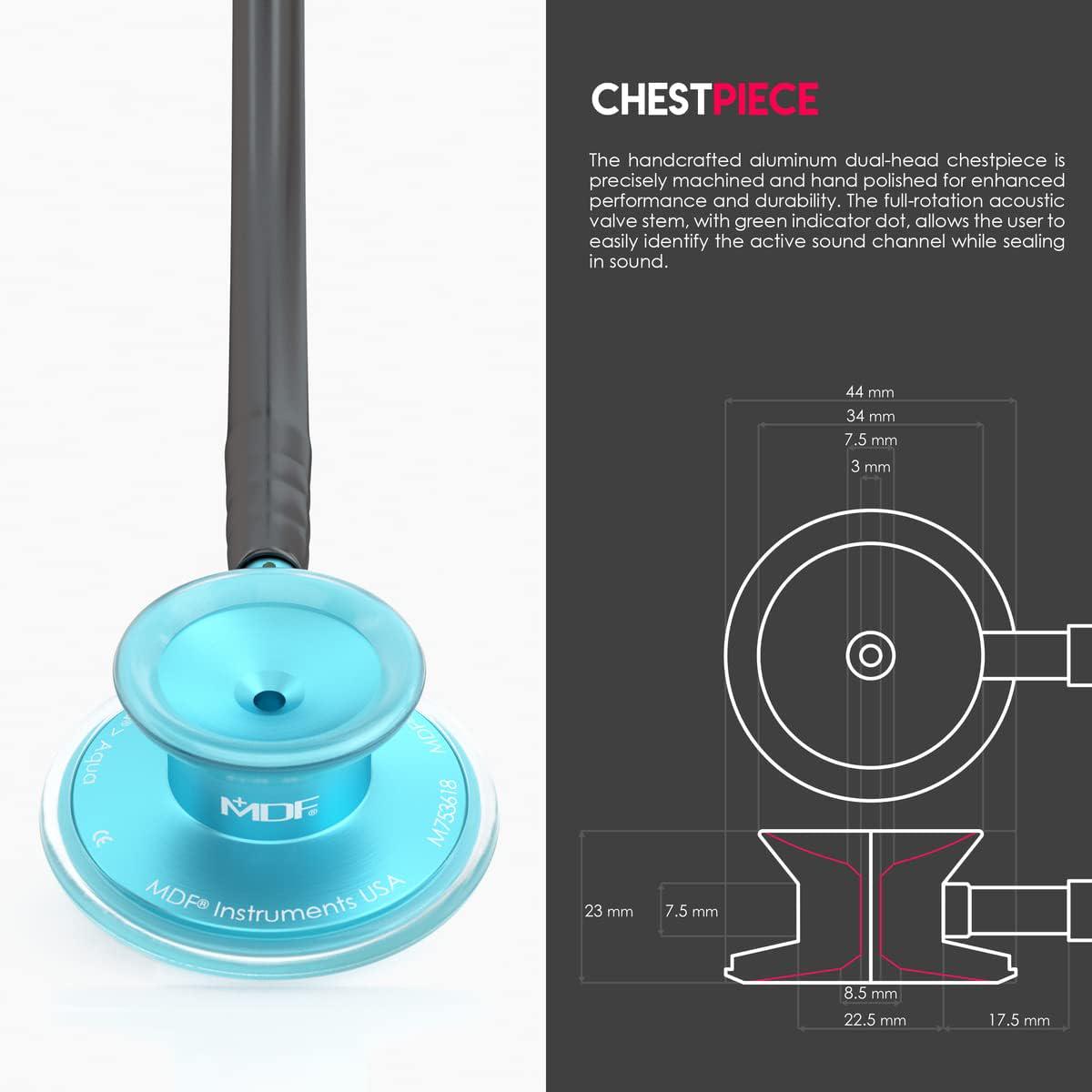 MDF Instruments Engravable - Acoustica Lightweight Custom Stethoscope For Doctors, Nurses, Students, Home Health Use, Adult, Dual Head, Black Tube, Aqua Chestpiece-Headset, MDF747XPAQ11-ENGRAVING,