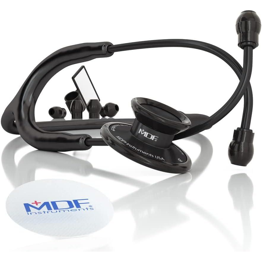 MDF Instruments, Engravable - Acoustica Lightweight Custom Stethoscope For Doctors, Nurses, Students, Home Health Use, Adult, Dual Head, Black Tube, Black Chestpiece-Headset, MDF747XPBO-ENGRAVING,