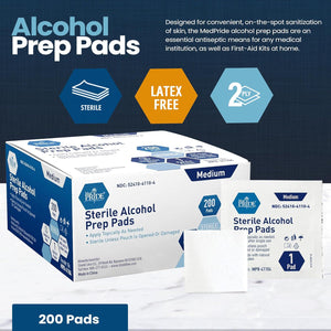 Med Pride Sterile Prep Pads, Medical Grade Antiseptic, Individually Wrapped, 2-Ply, Medium Square, 200 Count