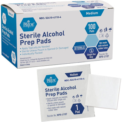 Med Pride Sterile Alcohol Prep Pads, 2-Ply, Individually Wrapped, Latex-Free, Antiseptic, 100 Count