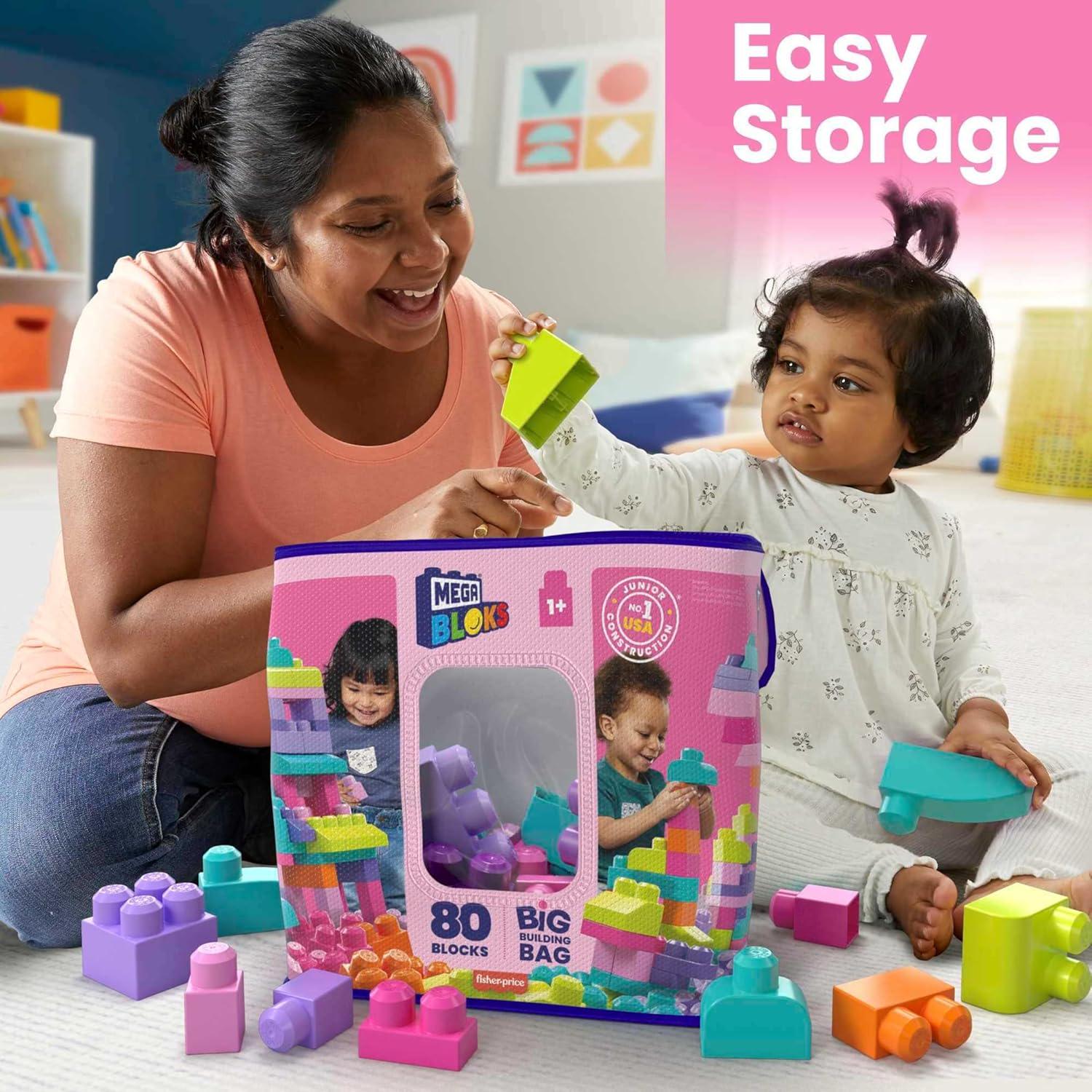 MEGA BLOKS First Builders Toddler Blocks Toys Set, Big Building Bag With 80 Pieces And Storage, Pink, Ages 1+ Years,