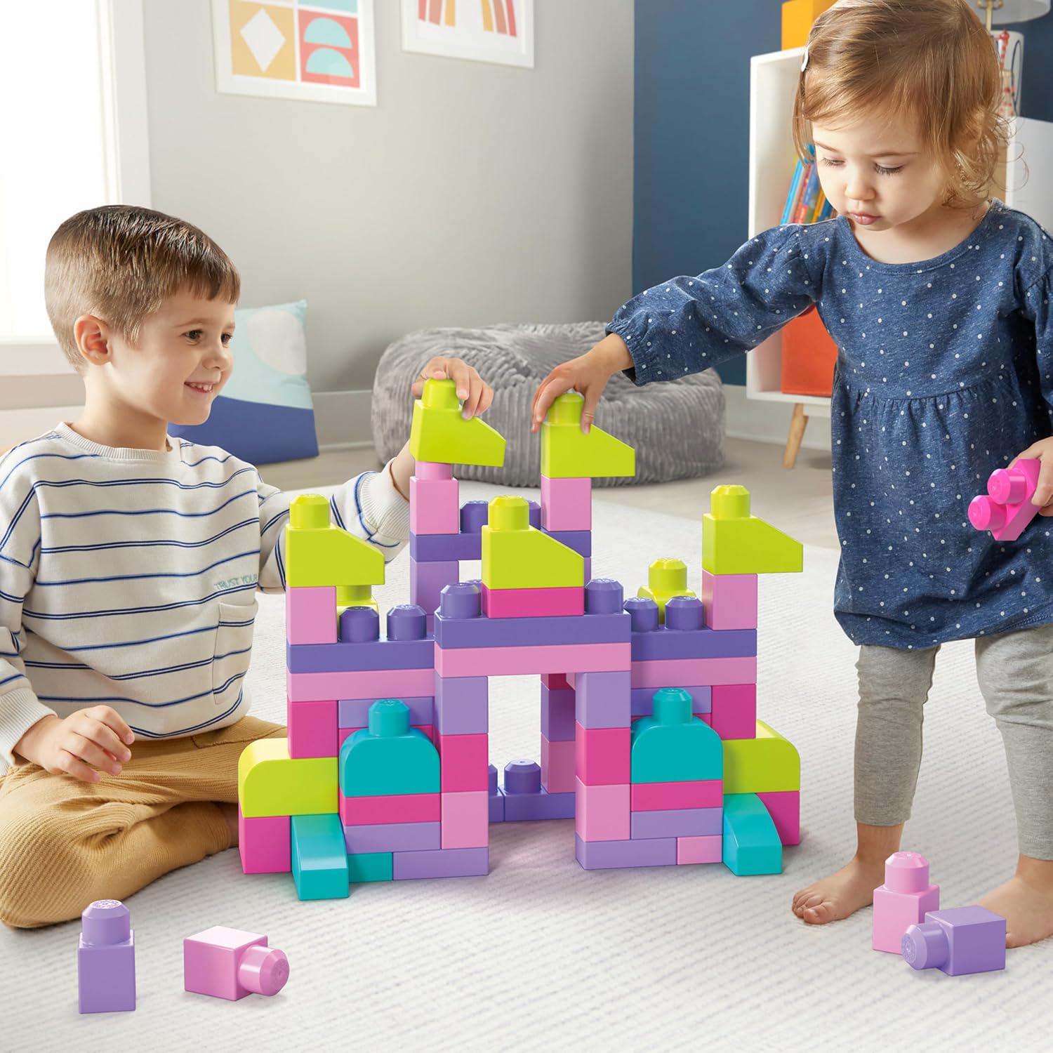 MEGA BLOKS First Builders Toddler Blocks Toys Set, Big Building Bag With 80 Pieces And Storage, Pink, Ages 1+ Years,