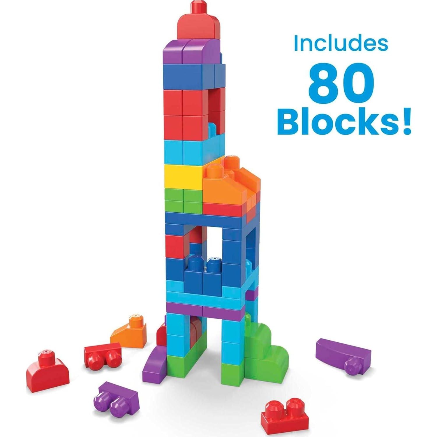 MEGA BLOKS First Builders Toddler Blocks Toys Set, Big Building Bag With 80 Pieces And Storage, Blue, Ages 1+ Years,