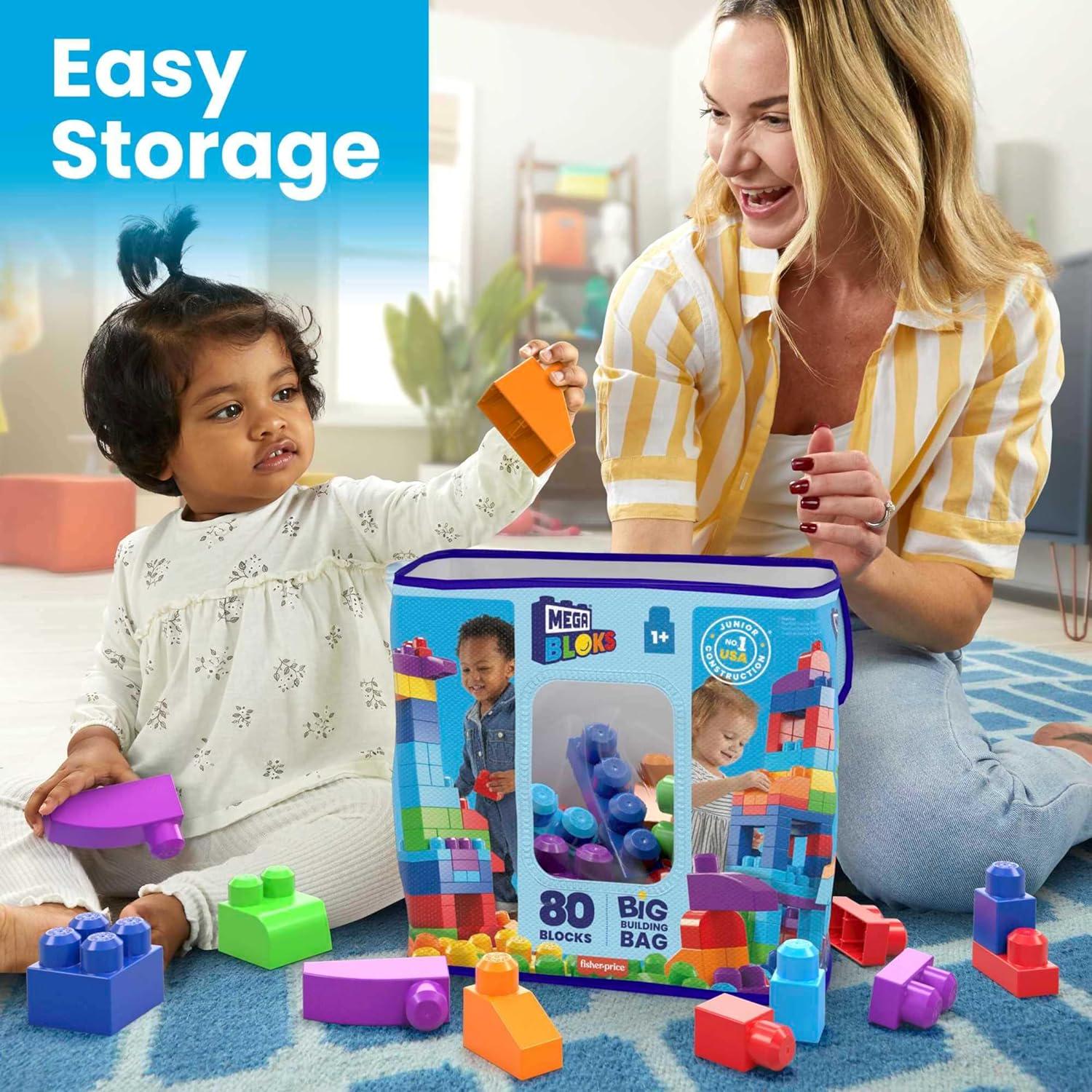 MEGA BLOKS First Builders Toddler Blocks Toys Set, Big Building Bag With 80 Pieces And Storage, Blue, Ages 1+ Years,
