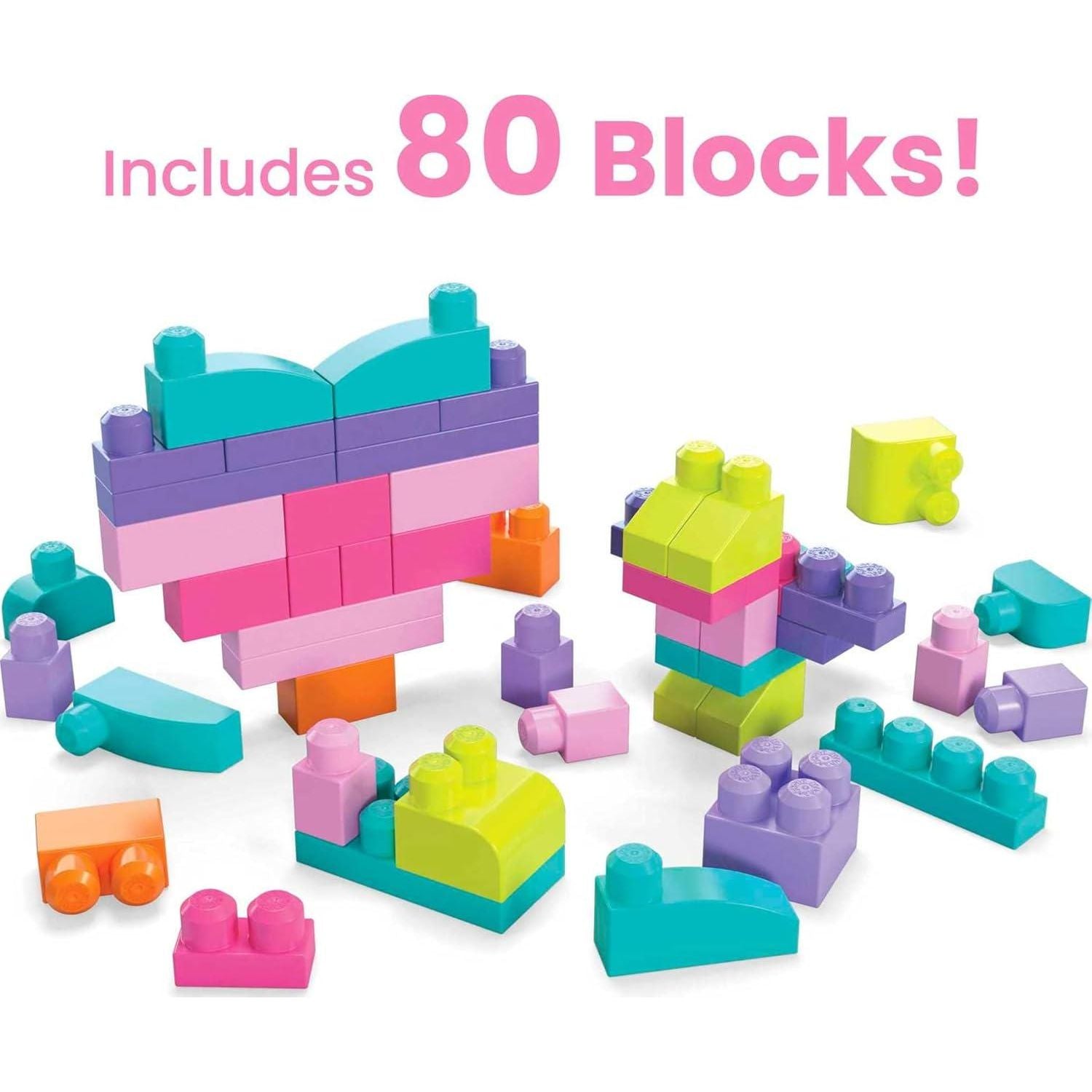 MEGA BLOKS First Builders Toddler Blocks Toys Set, Big Building Bag With 80 Pieces And Storage, Pink, Ages 1+ Years,