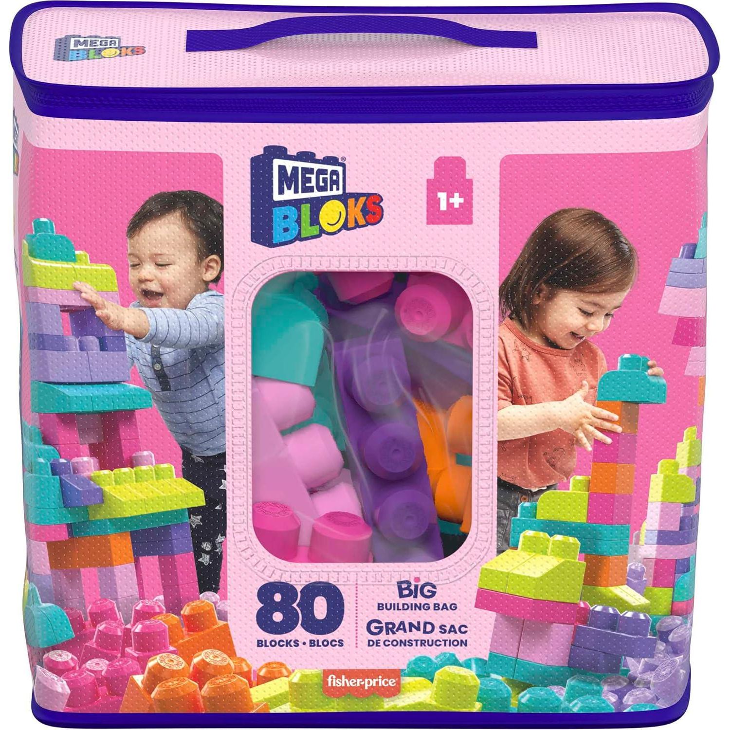 MEGA BLOKS First Builders Toddler Blocks Toys Set, Big Building Bag With 80 Pieces And Storage, Pink, Ages 1+ Years,