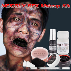 MEICOLY 7PCS Halloween Special Effects SFX Makeup Kit For Theatre Stage Performance,Scar Wax+Spatula Tool+Coagulated Blood+Black Stipple Sponges+White Sponges+Black Tooth Paint+Scar Wax Adhesive,