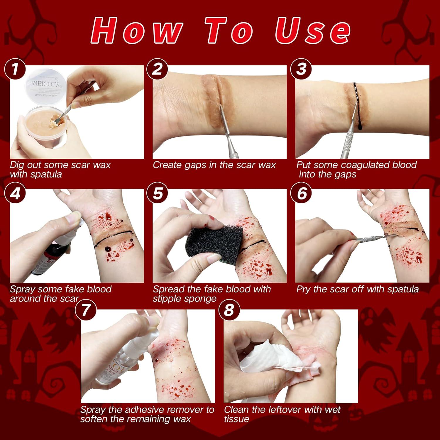 MEICOLY 7Pcs SFX Special Effects Makeup Kit,Helloween Cosplay Makeup,6 Color Bruise Makeup Palette+Coagulated Blood+Fake Blood Splatter+Black Stipple Sponge+Scar Wax With Spatula Tool+Scar Wax Remover,