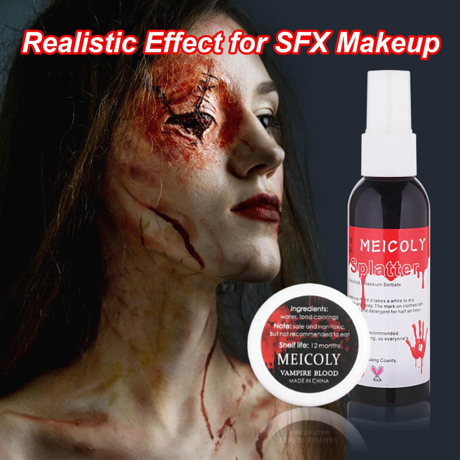 MEICOLY 7Pcs SFX Special Effects Makeup Kit,Helloween Cosplay Makeup,6 Color Bruise Makeup Palette+Coagulated Blood+Fake Blood Splatter+Black Stipple Sponge+Scar Wax With Spatula Tool+Scar Wax Remover,