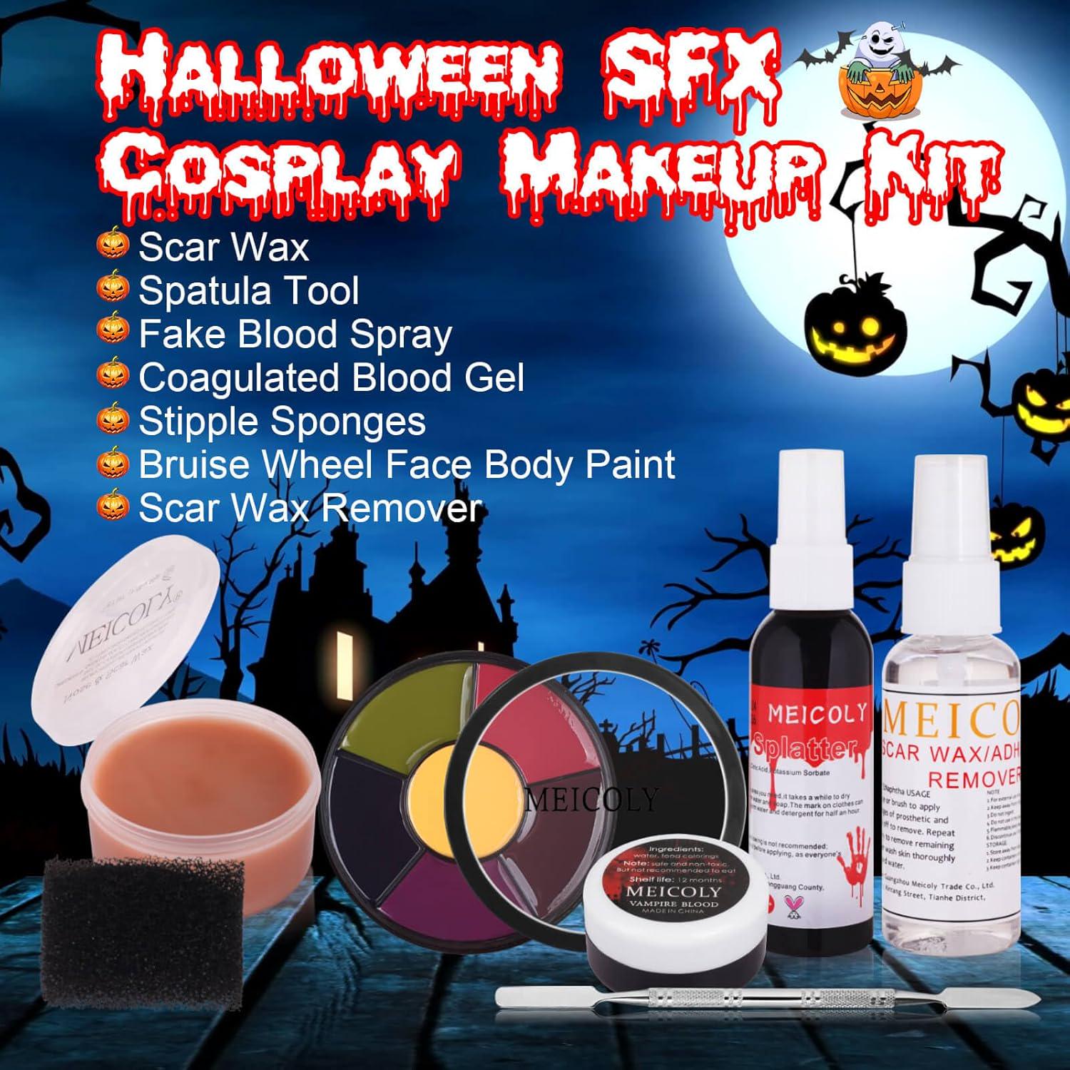 MEICOLY 7Pcs SFX Special Effects Makeup Kit,Helloween Cosplay Makeup,6 Color Bruise Makeup Palette+Coagulated Blood+Fake Blood Splatter+Black Stipple Sponge+Scar Wax With Spatula Tool+Scar Wax Remover,
