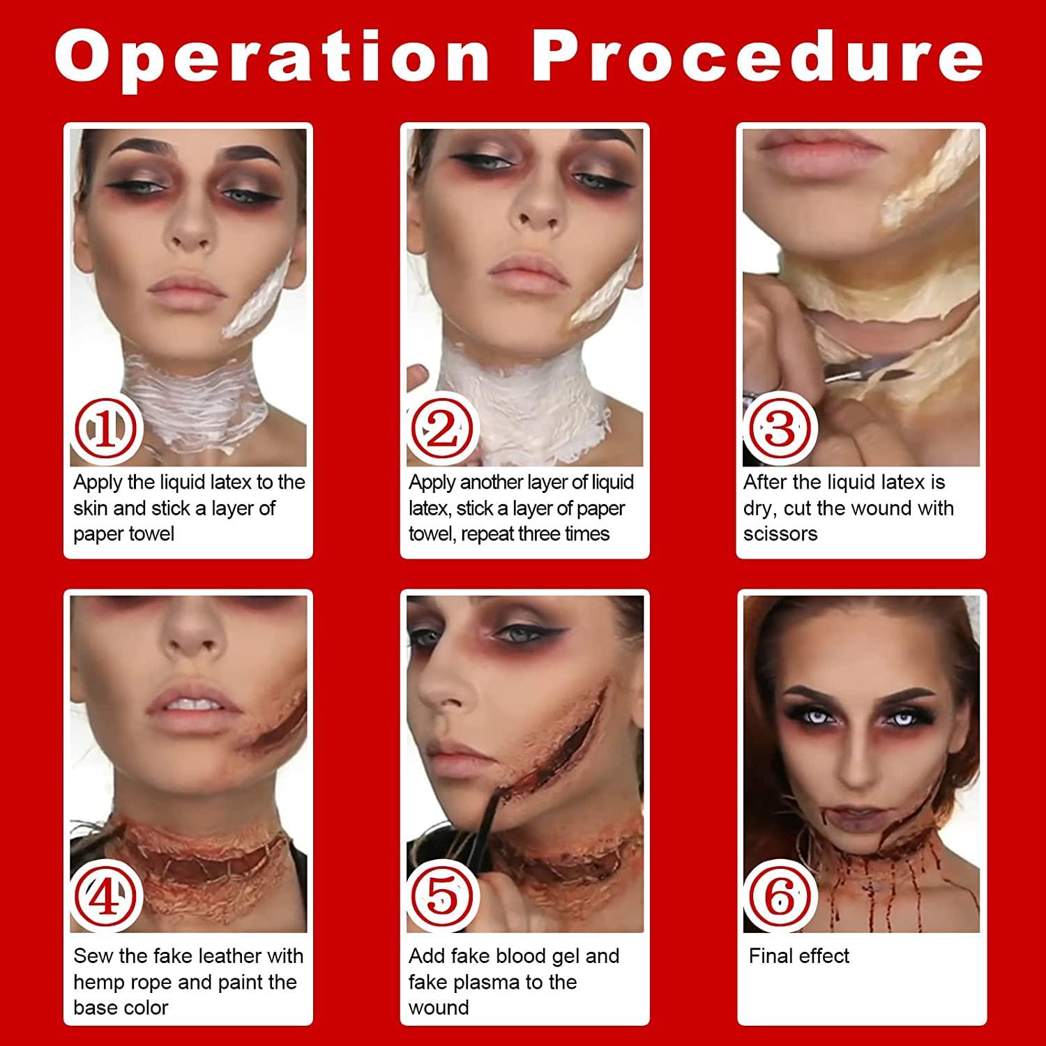 MEICOLY Liquid Latex Face Body Paint 2.1 Oz,Halloween Fake Blood Scar Wound Makeup,Subtle Wrinkle Special Effects Makeup Kit,with Coagulated Blood Gel(1.06Oz),Stipple Sponge,100pcs Cotton Swabs,Clear,