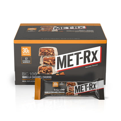MET-Rx Big 100 Colossal Protein Bars, Vanilla Caramel Churro Flavor, 9-Count, Meal Replacement Bars with 30g Protein