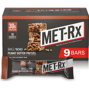 Met-Rx Big 100 Colossal Protein Bars, Peanut Butter Pretzel, 100g Bar, Meal Replacement, 9 Count