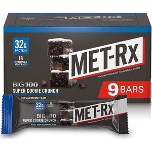 MET-Rx Big 100 Protein Bar, Meal Replacement Bar, 32g Protein, Super Cookie Crunch, 9 Bars, Pack of 1