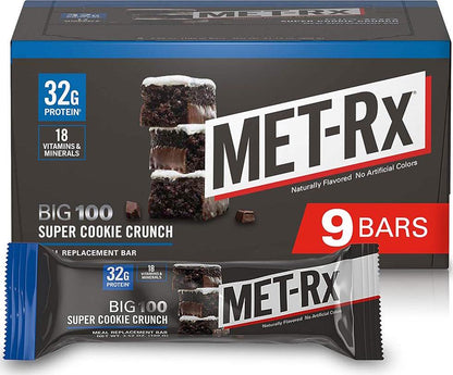 MET-Rx Big 100 Protein Bar, Meal Replacement Bar, 32g Protein, Super Cookie Crunch, 9 Bars, Pack of 1