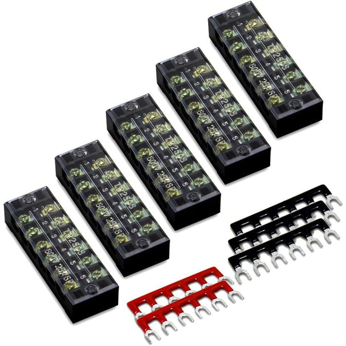 Milapeak 10 Pcs Dual Row 6 Positions Screw Terminal Strip Blocks, Pre-Insulated, 600V, 25A, Black & Red