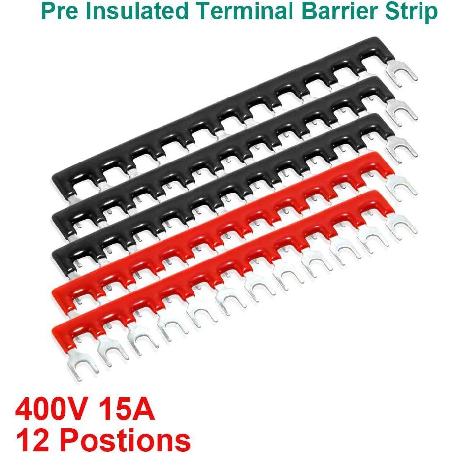 MILAPEAK 10pcs (5 Sets) 12 Positions Dual Row 600V 15A Screw Terminal Strip Blocks With Cover + 400V 15A 12 Positions Pre-Insulated Terminals Barrier Strip (Black And Red),