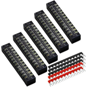 MILAPEAK 10pcs (5 Sets) 12 Positions Dual Row 600V 15A Screw Terminal Strip Blocks With Cover + 400V 15A 12 Positions Pre-Insulated Terminals Barrier Strip (Black And Red),
