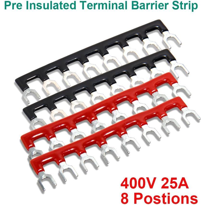 MILAPEAK 8pcs (4 Sets) 8 Positions Dual Row 600V 25A Screw Terminal Strip Blocks With Cover + 400V 25A 8 Positions Pre-Insulated Terminals Barrier Strip (Black And Red),