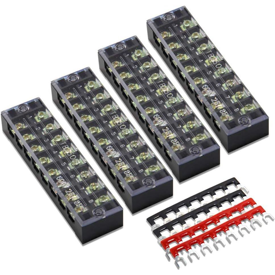 MILAPEAK 8pcs (4 Sets) 8 Positions Dual Row 600V 25A Screw Terminal Strip Blocks With Cover + 400V 25A 8 Positions Pre-Insulated Terminals Barrier Strip (Black And Red),