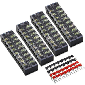 MILAPEAK 8pcs (4 Sets) 8 Positions Dual Row 600V 25A Screw Terminal Strip Blocks With Cover + 400V 25A 8 Positions Pre-Insulated Terminals Barrier Strip (Black And Red),