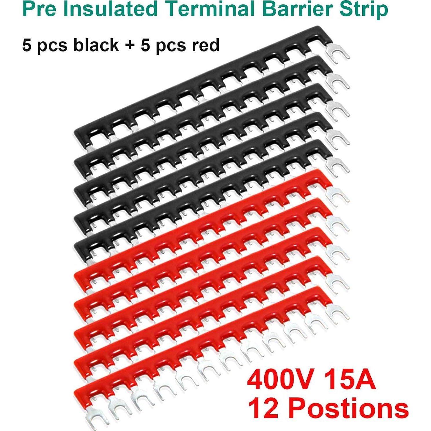 MILAPEAK Terminal Block And Strip - 5pcs 12 Positions 600V 15A Dual Row Screw Terminal Strip With Cover + 10pcs 400V 15A 12 Positions Pre-Insulated Terminal Barrier Jumper Strips Black And Red,
