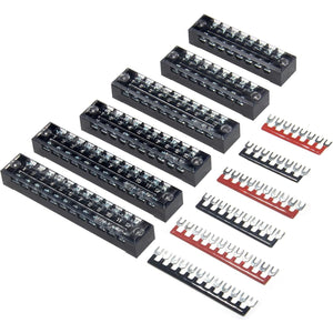 MILAPEAK Terminal Block And Strip - 6 Sets 8/10/12 Positions 600V 15A Dual Row Wire Screw Terminal Strip Block With Cover + 400V 15A Pre-Insulated Terminals Barrier Strips Jumpers (Black And Red),