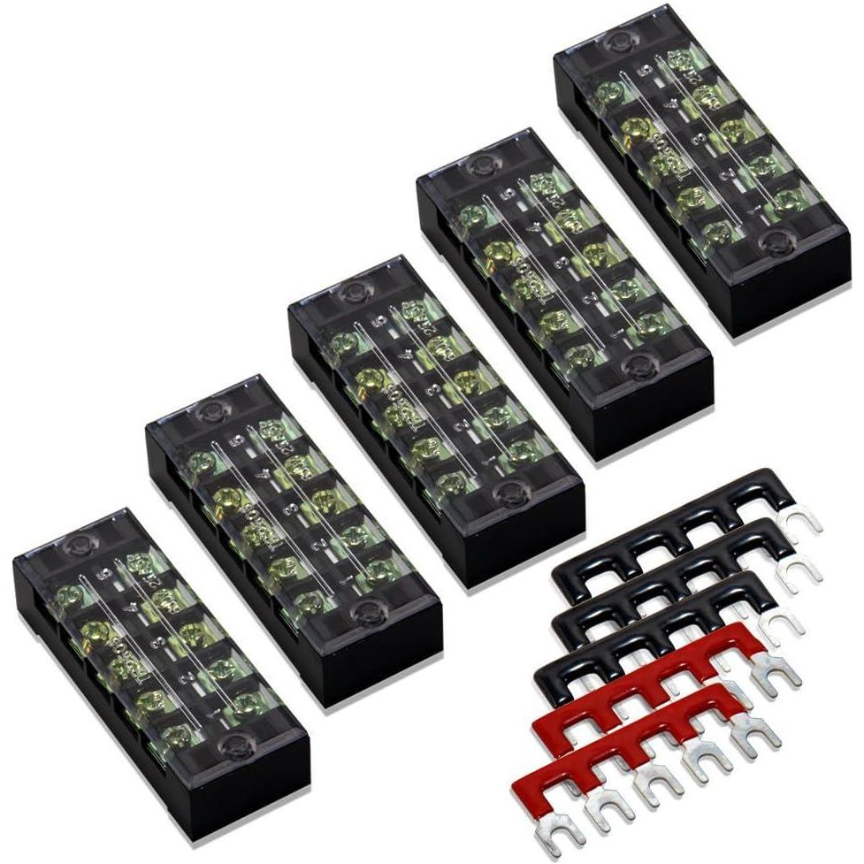 MILAPEAK Terminal Block And Strip - 10pcs (5 Sets) 5 Positions Dual Row 600V 25A Screw Terminal Strip Blocks With Cover + 400V 25A 5 Positions Pre-Insulated Terminals Barrier Strip (Black And Red),