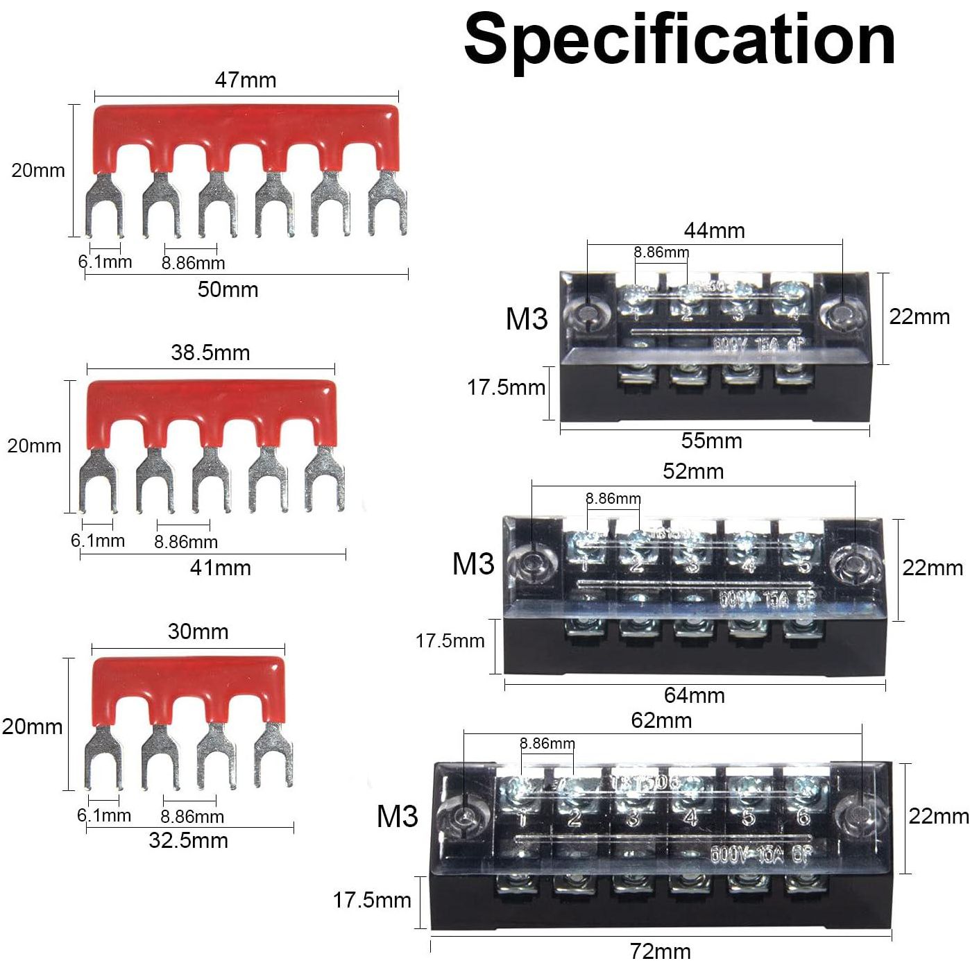 MILAPEAK Terminal Block And Strip - 6 Sets 4/5/6 Positions 600V 15A Dual Row Wire Screw Terminal Strip Block With Cover + 400V 15A Pre-Insulated Terminals Barrier Strips Jumpers (Black And Red),