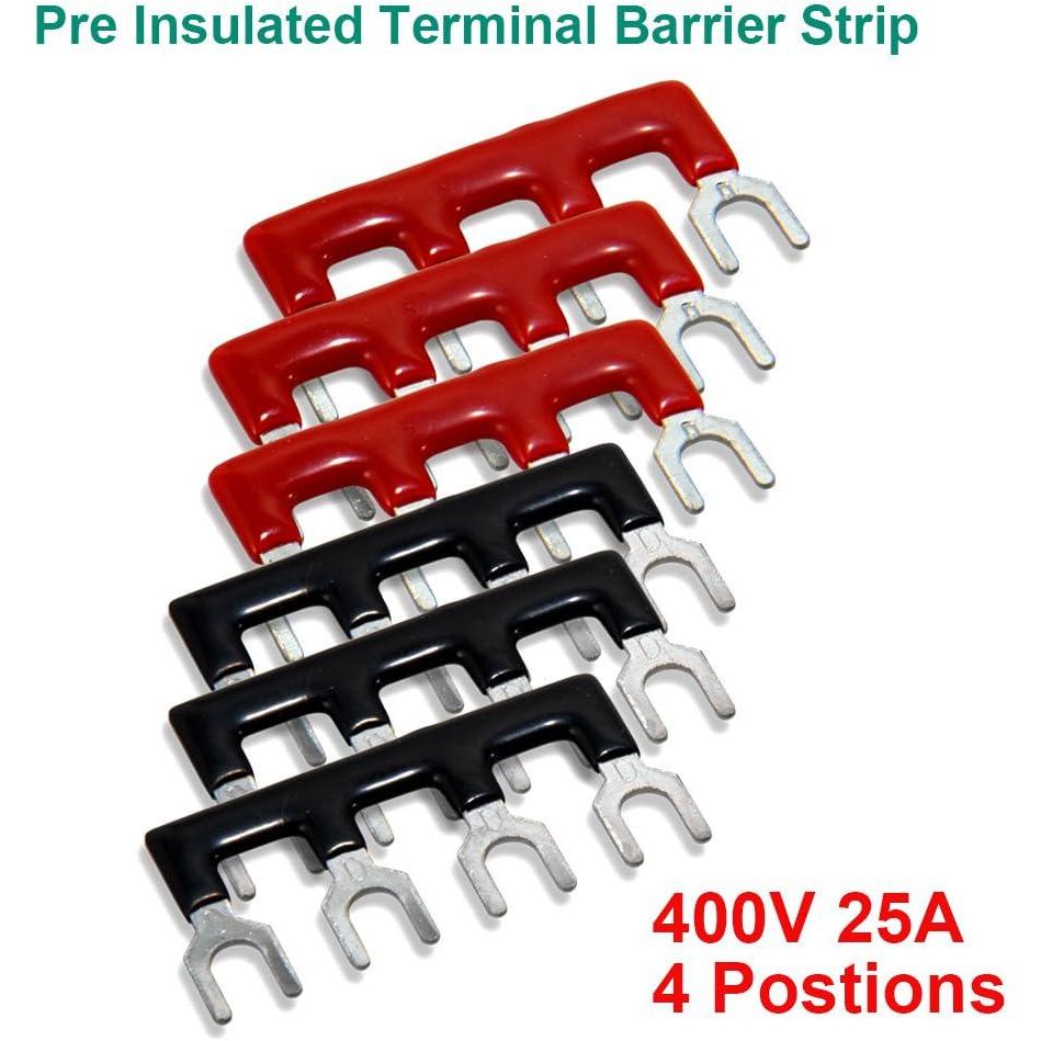 MILAPEAK Terminal Block And Strip - 12pcs (6 Sets) 4 Positions Dual Row 600V 25A Screw Terminal Strip Blocks With Cover + 400V 25A 4 Positions Pre-Insulated Terminals Barrier Strip Black And Red,