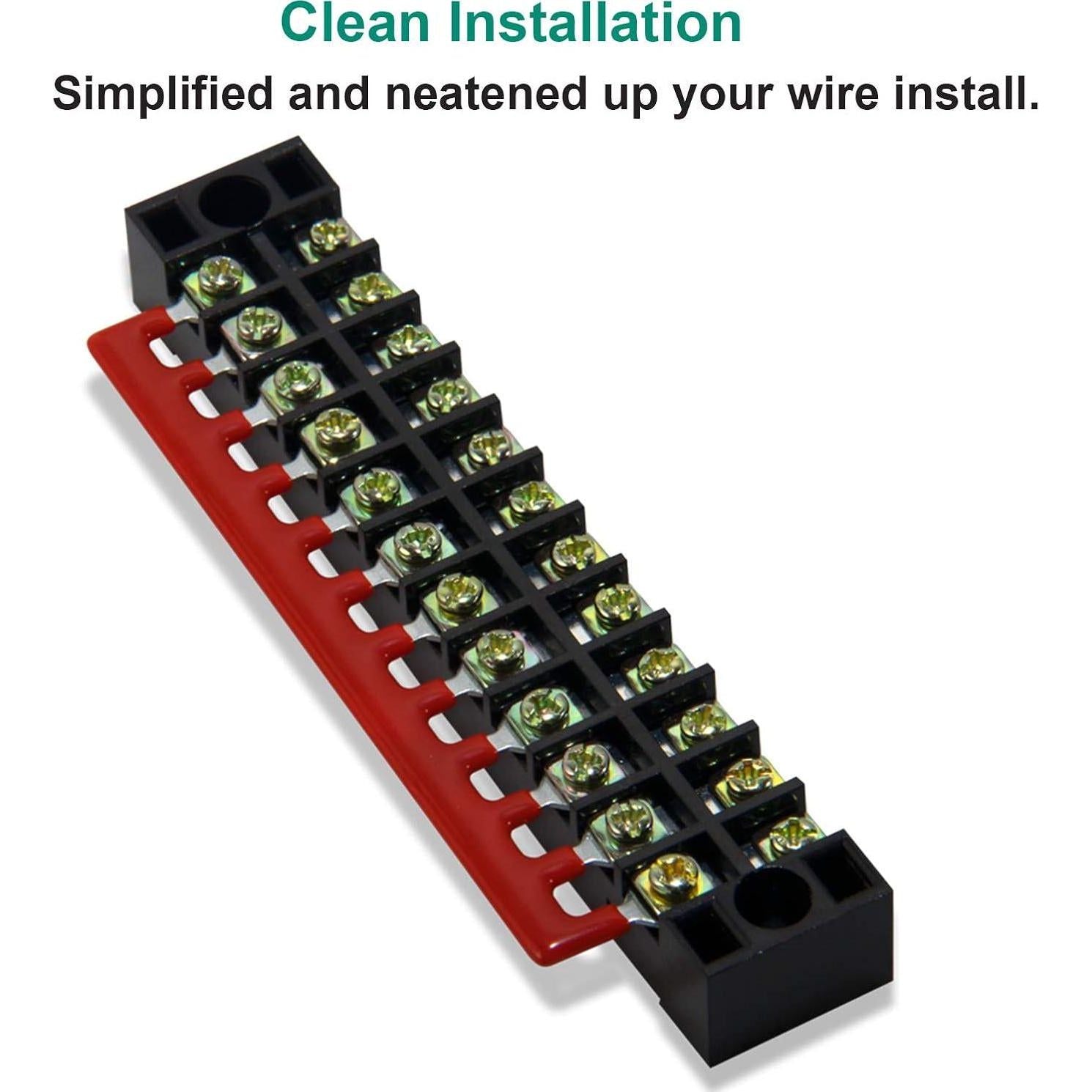 MILAPEAK Terminal Block And Strip - 5pcs 12 Positions 600V 15A Dual Row Screw Terminal Strip With Cover + 10pcs 400V 15A 12 Positions Pre-Insulated Terminal Barrier Jumper Strips Black And Red,