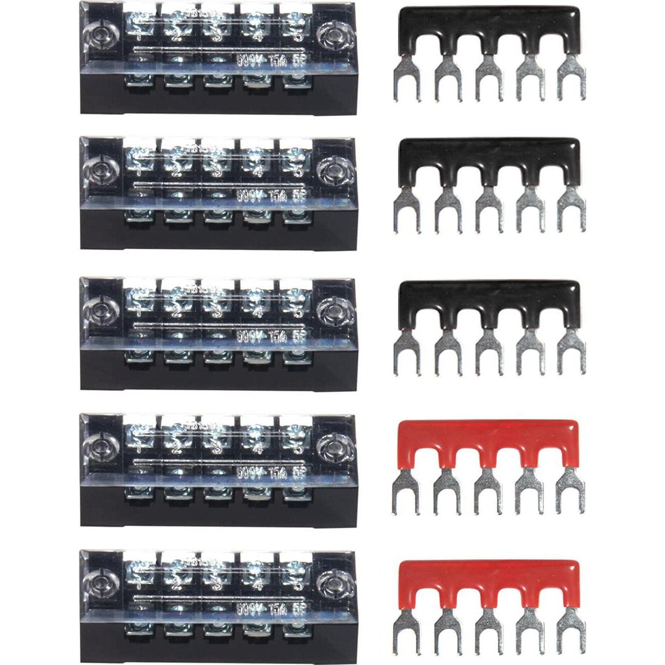 MILAPEAK Terminal Block And Strip - 10pcs (5 Sets) 5 Positions Dual Row 600V 15A Screw Terminal Strip Blocks With Cover + 400V 15A 5 Positions Pre-Insulated Terminals Barrier Strip (Black And Red),