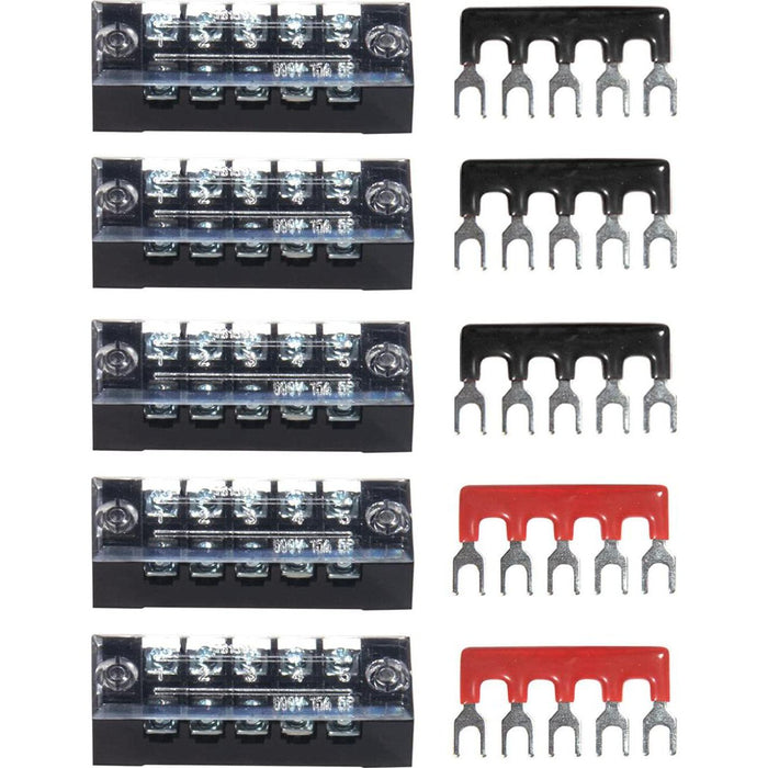 Milapeak Terminal Block & Strip, 10-Pcs 5-Position Dual Row, 600V 15A Screw Terminal, Pre-Insulated, Black & Red