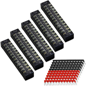 MILAPEAK Terminal Block And Strip - 5pcs 12 Positions 600V 15A Dual Row Screw Terminal Strip With Cover + 10pcs 400V 15A 12 Positions Pre-Insulated Terminal Barrier Jumper Strips Black And Red,