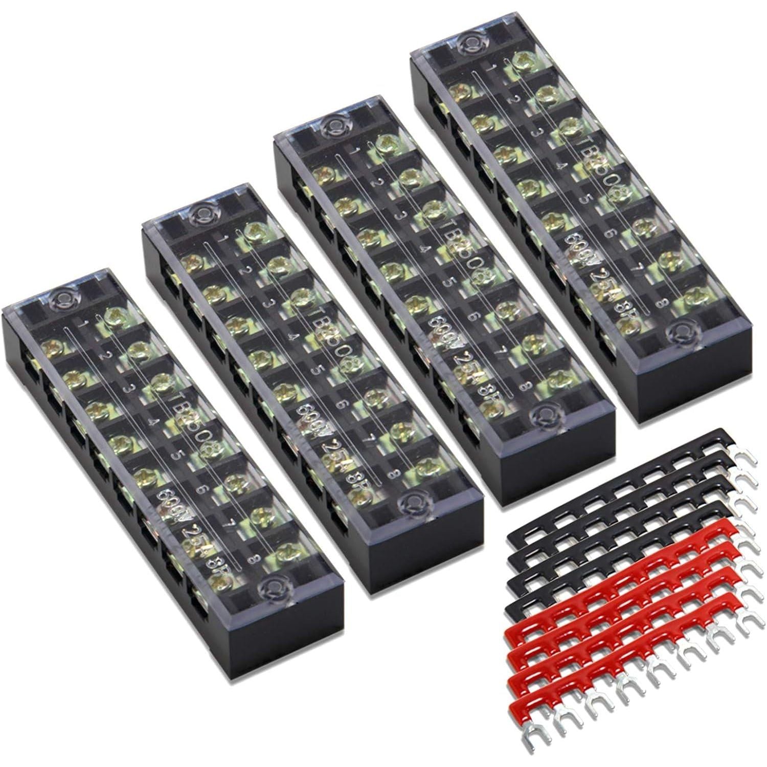 MILAPEAK Terminal Block And Strip - 4 Pcs 8 Positions 600V 25A Dual Row Screw Terminals Strip With Cover + 8 Pcs 400V 25A 8 Positions Pre-Insulated Terminal Barrier Jumper Strips Black And Red,